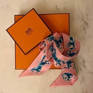 Hermès—Pink & Blue Horse Print Twilly